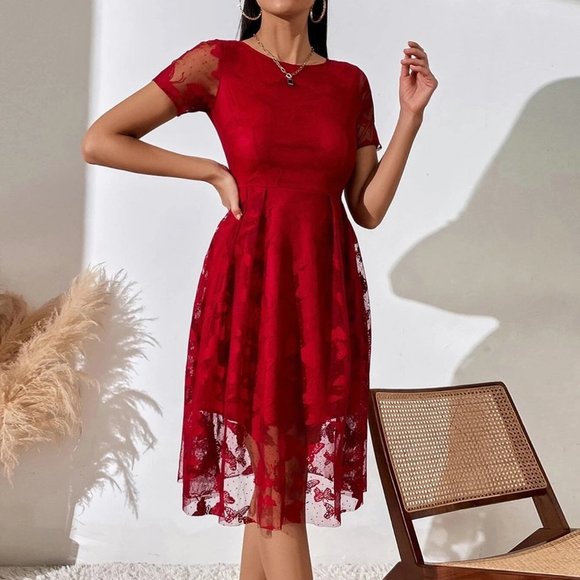 Red Preppy Womens Butterfly Print Popover Hem Dress - Picture 5 of 5